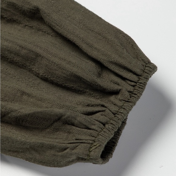 Green Embroidered Split Neck Pleated Loose Blouse Bohemian Top - Picture 13 of 15